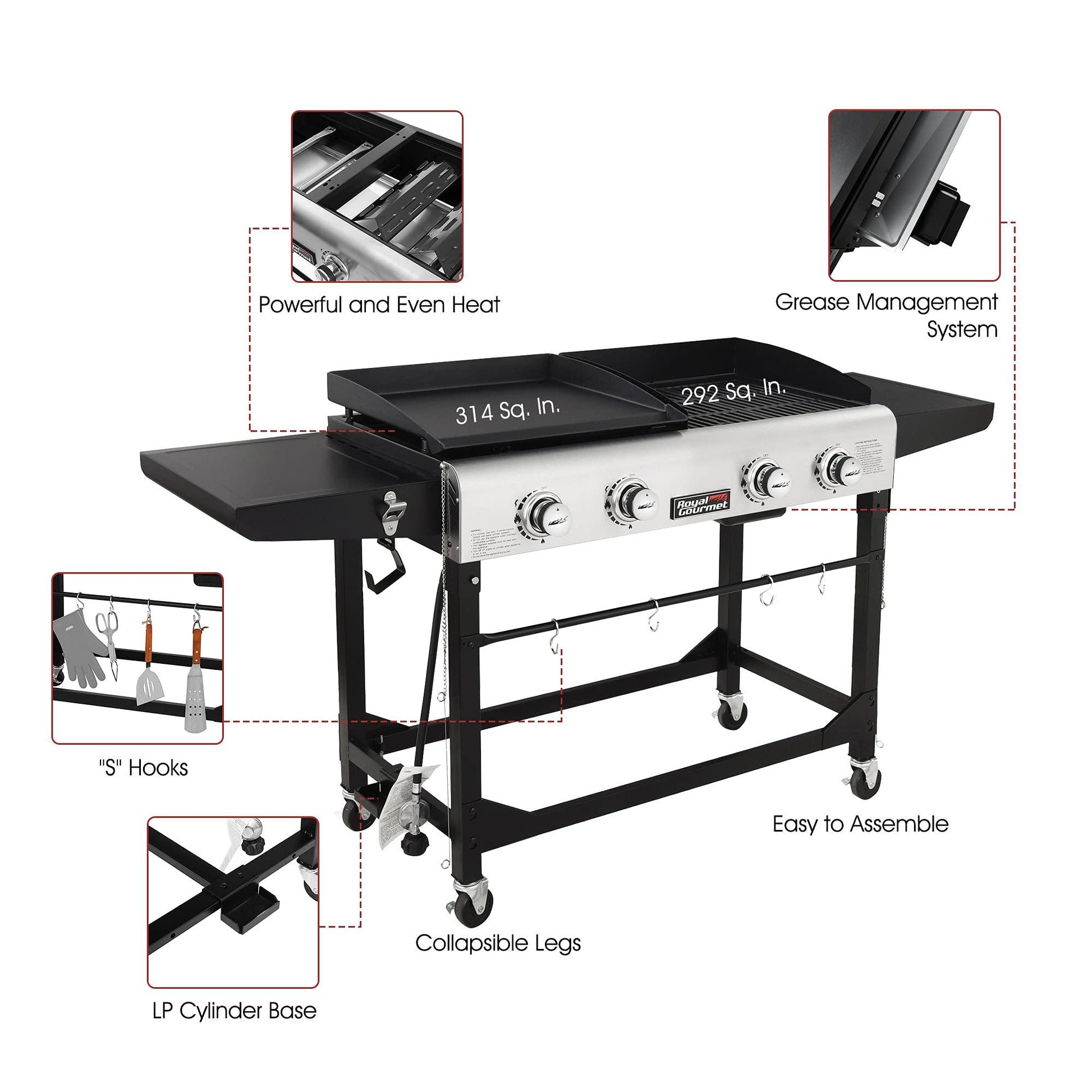 Royal Gourmet GD401 Portable Propane Gas Grill and Griddle Combo with Side Table | 4-Burner, Folding Legs,Versatile, Outdoor | Black 66 Inch - CookCave