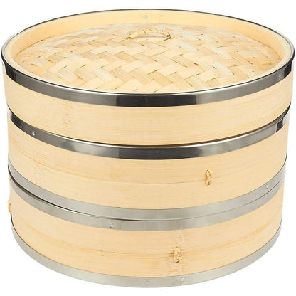 Juvale 2-Tier 10 Inch Bamboo Steamer Basket with Steel Rings - Large Capacity Dumpling, Vegetable Steamer Basket (10x6.5x10 in) - CookCave