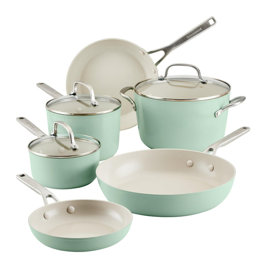 KitchenAid Hard Anodized Ceramic Ceramic Nonstick Cookware Pots and Pans Set, 9 Piece - Pistachio - CookCave