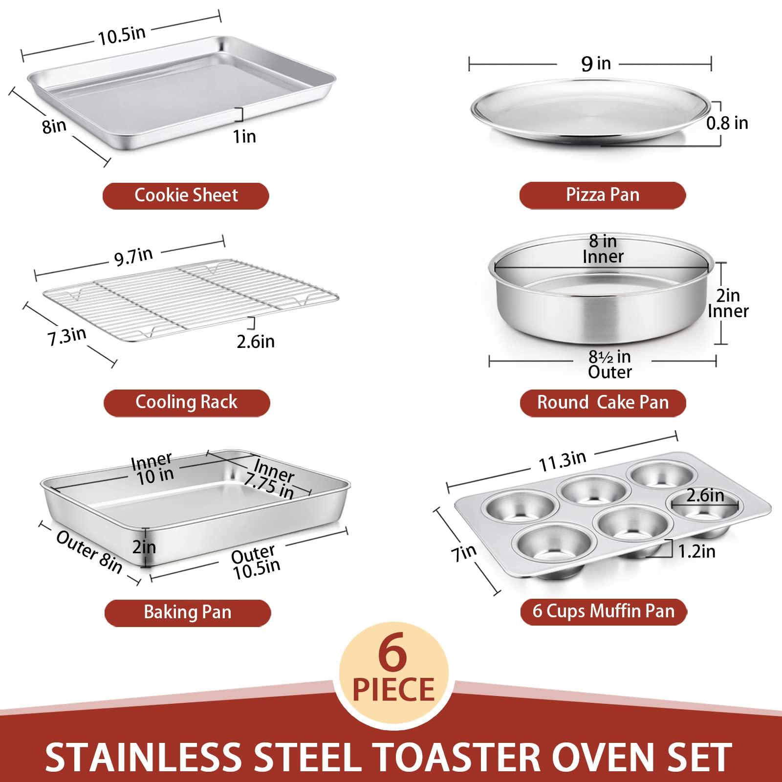 Toaster Oven Bakeware Set, E-far 6-Piece Stainless Steel Small Baking Pan Set, Include Cake Brownie Pan/Cookie Sheet with Rack/Muffin Tin/Pizza Pan, Non-Toxic & Healthy, Easy Clean & Dishwasher Safe - CookCave