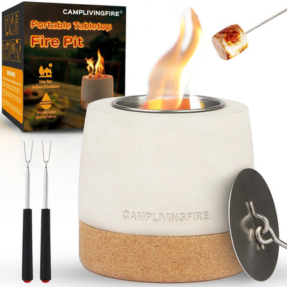 Tabletop Fire Pit, Round Concrete Smokeless Smores Fire Pit Table Top as Smores Maker Kit, Dual Burner Cups Rubbing Alcohol Table Top Firepit for Indoor & Patio - CookCave