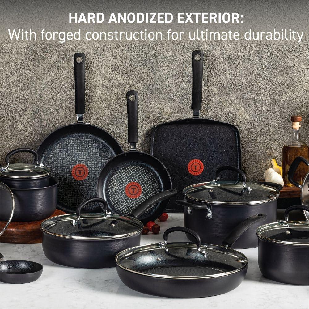 T-fal Ultimate Hard Anodized Nonstick Cookware Set 17 Piece Oven Safe 400F, Lid Safe 350F Pots and Pans, Dishwasher Safe Black - CookCave