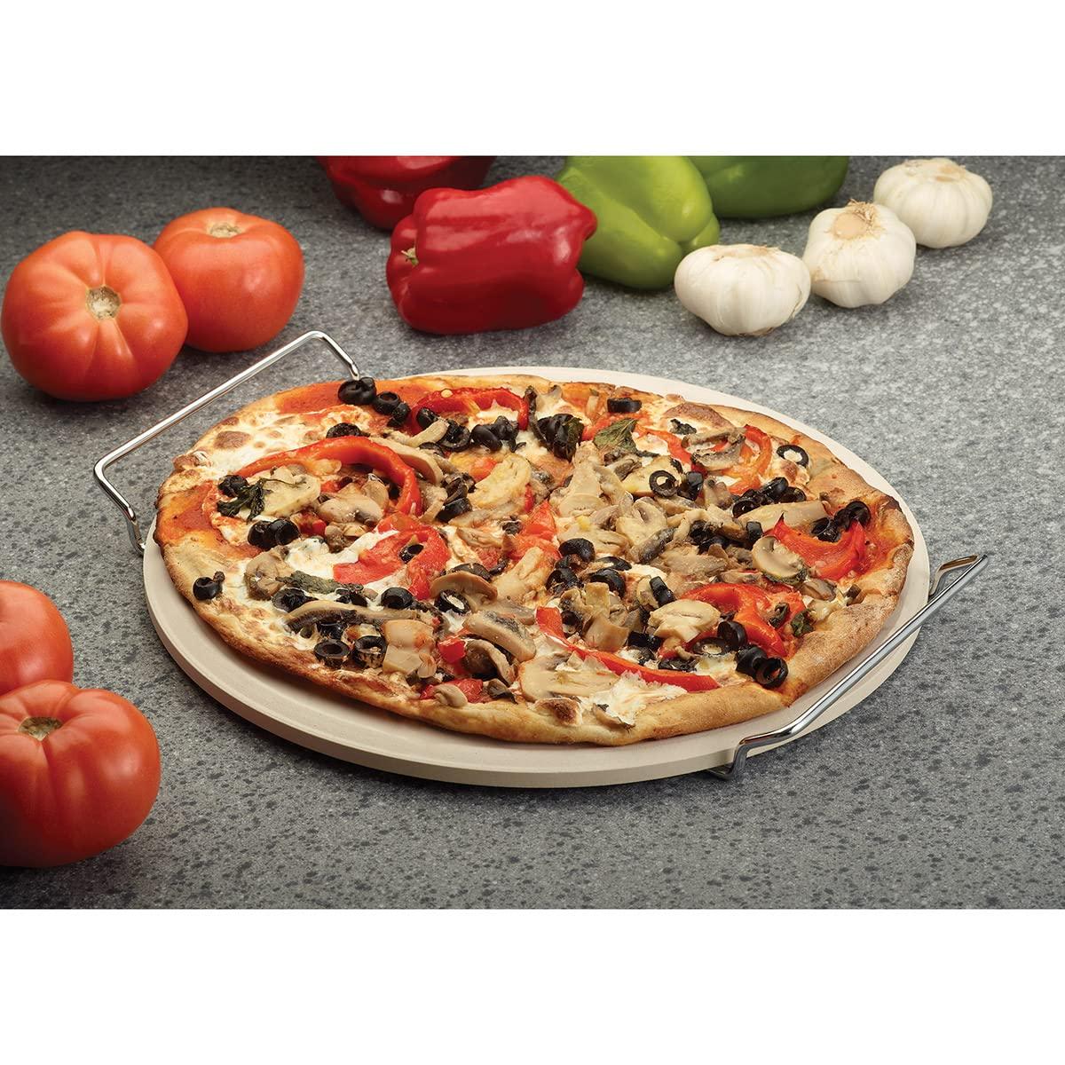 Fante's HIC Pizza Baking Stone with Serving Rack, Natural Ceramic Stoneware, 13" - CookCave