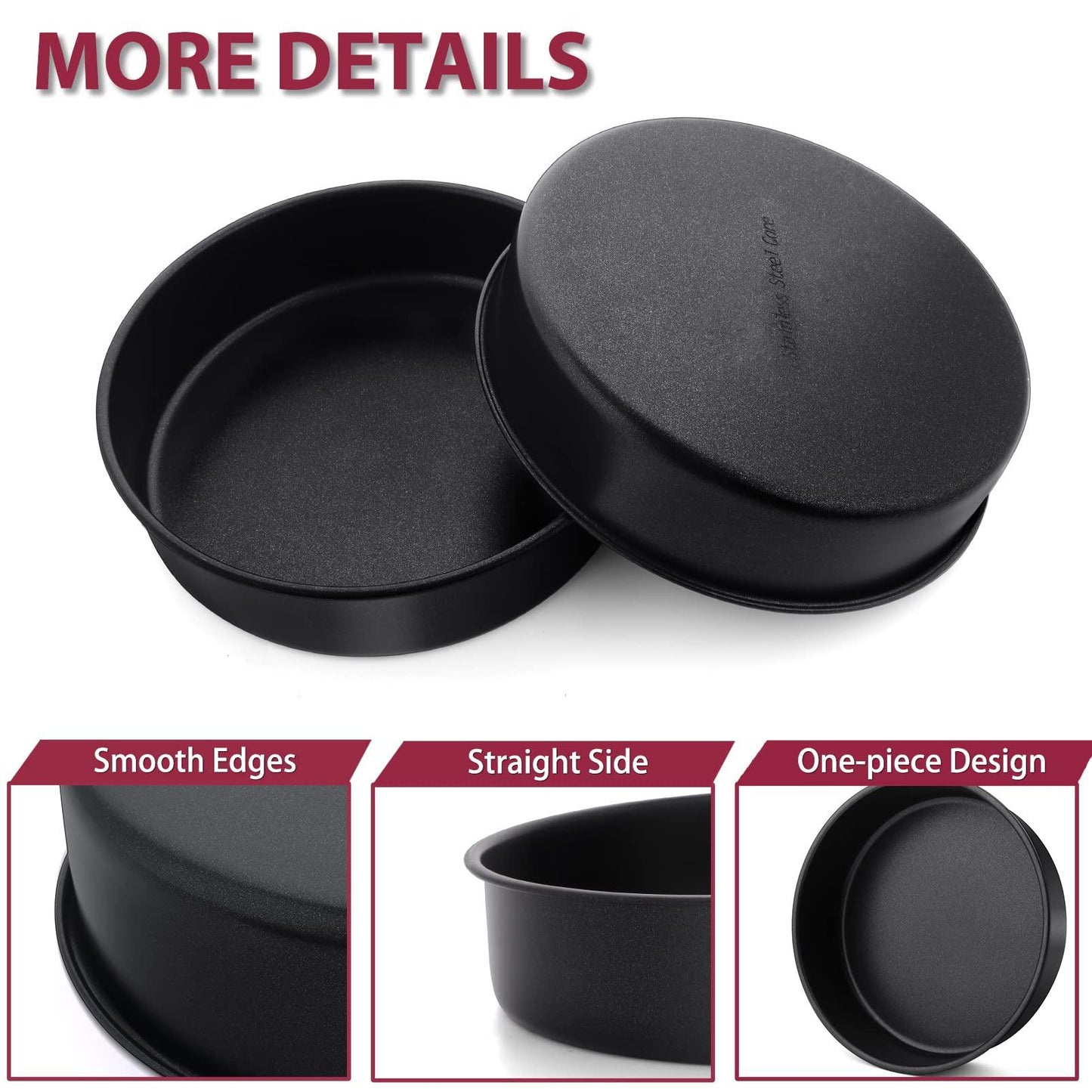 8 Inch Round Cake Pan Set, P&P CHEF 3 Piece Non-Stick Cake Baking Pans for Birthday Wedding Layer Cakes, Stainless Steel Core & One-piece Design, Sturdy & Healthy, Black - CookCave