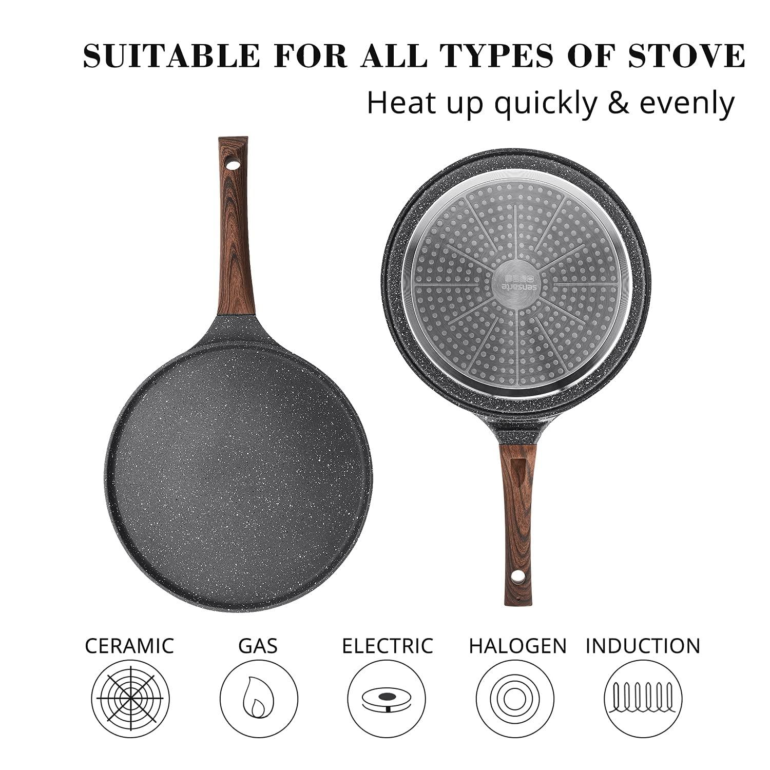 SENSARTE Nonstick Crepe Pan, Swiss Granite Coating Dosa Pan Pancake Flat Skillet Tawa Griddle 12-Inch with Stay-Cool Handle, Induction Compatible, PFOA Free - CookCave