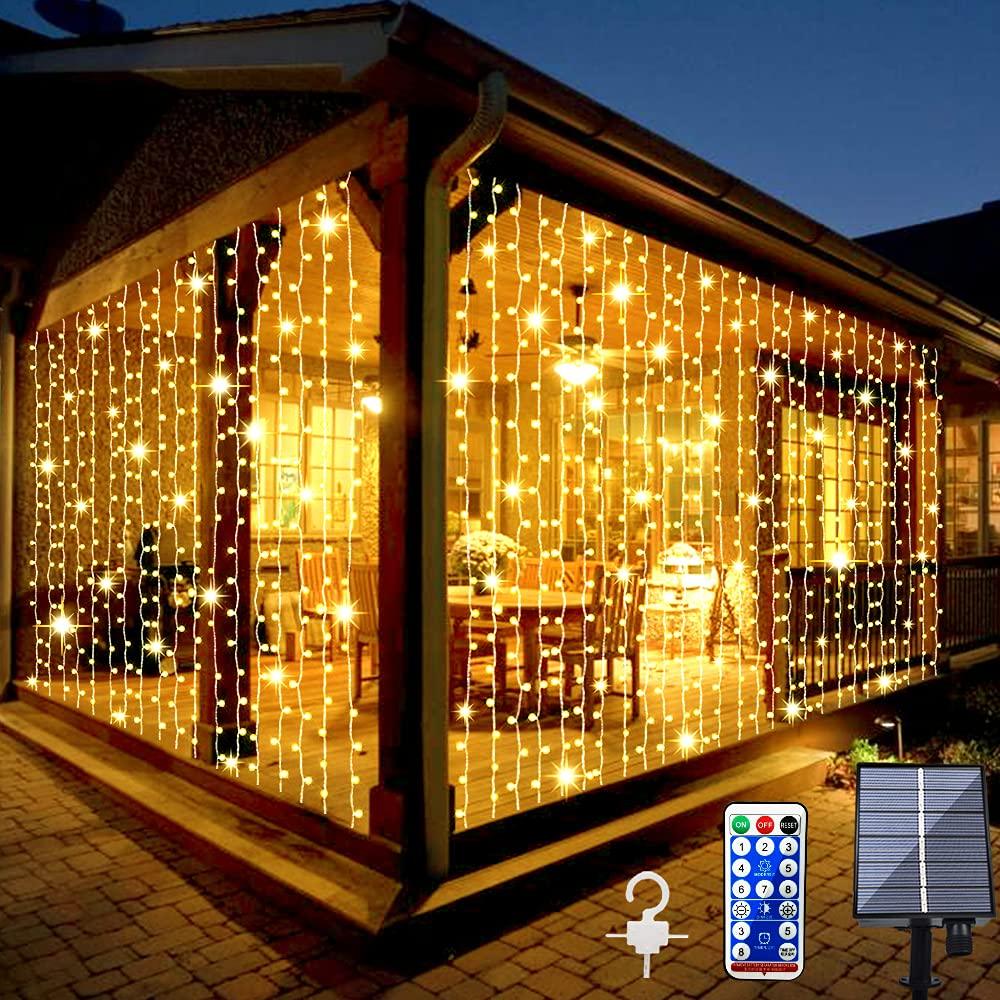 Upgraded Solar Curtain Lights Outdoor Garden Fairy String Lights 300 LED 8 Modes Remote Control Waterproof Solar Waterfall Lights for Gazebo Patio Party Festival Wedding Christmas Decorations(Warm) - CookCave