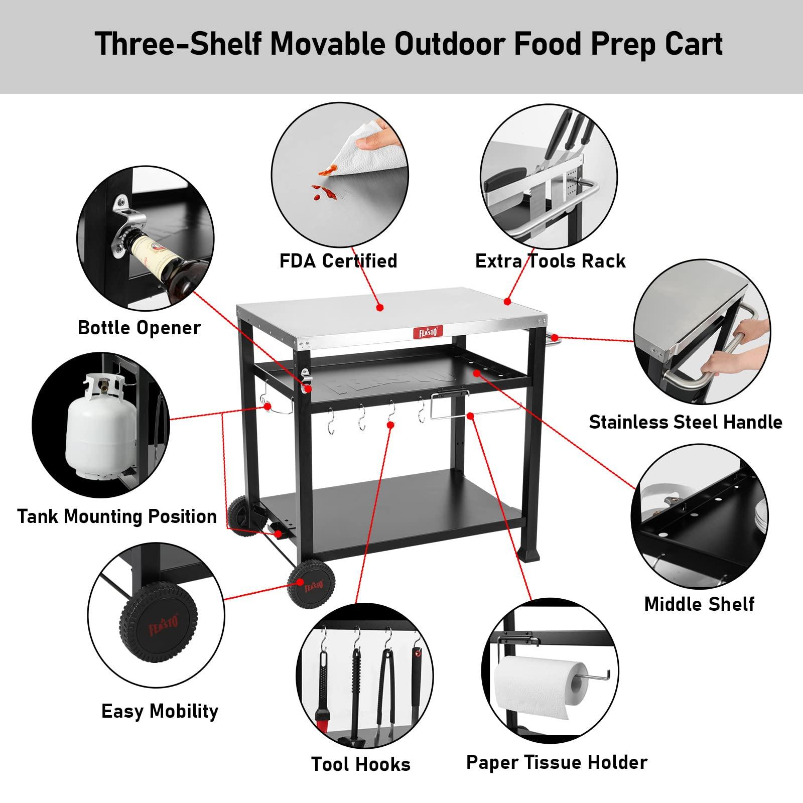 Feasto 3-Shelf Movable Food Prep and Pizza Oven Table, BBQ Grill Cart, Indoor & Outdoor Multifunctional Stainless Steel Grill Table on 2 Wheels, L39.5 x W25.6 x H33 - CookCave