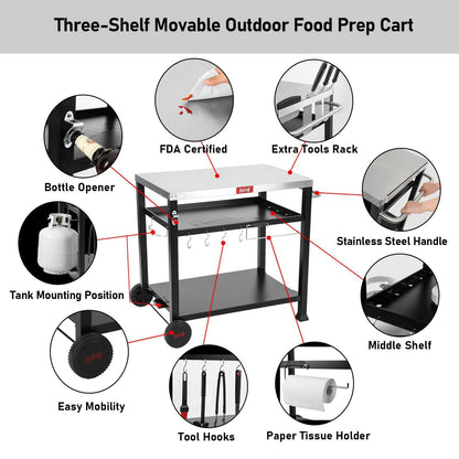 Feasto 3-Shelf Movable Food Prep and Pizza Oven Table, BBQ Grill Cart, Indoor & Outdoor Multifunctional Stainless Steel Grill Table on 2 Wheels, L39.5 x W25.6 x H33 - CookCave