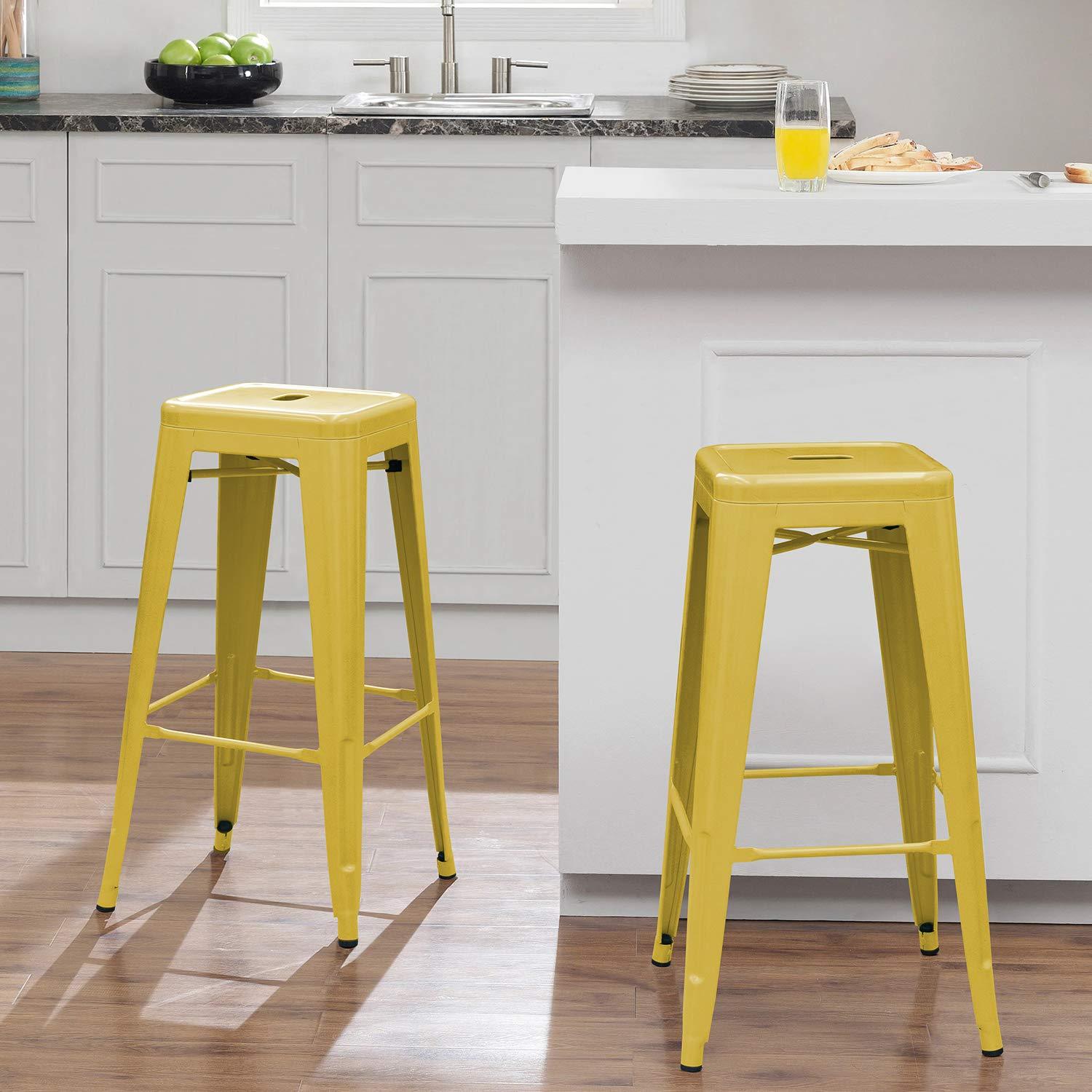 Furniwell 30 Inches Metal Bar Stools High Backless Tolix Indoor-Outdoor Stackable Barstool with Square Counter Seat Set of 4 (Yellow) - CookCave