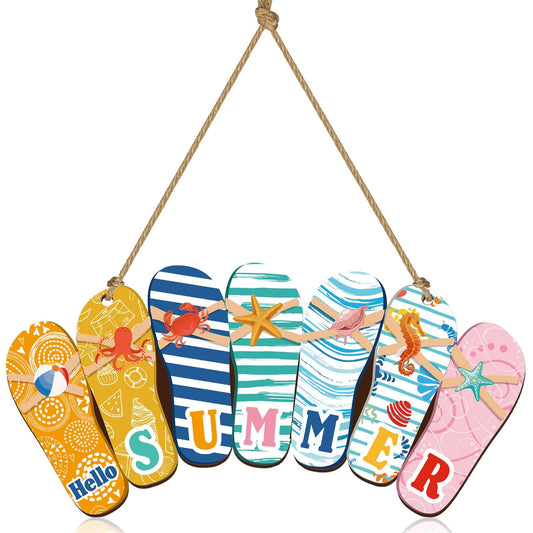 Summer Slippers Ice Cream Hanging Sign Wooden Summer Home Decoration Hello Summer Rustic Beach Plaque Welcome Beach Theme Decor for Door Wall Porch Indoor Outdoor, 12 x 6 x 0.2 Inch (Slippers Style) - CookCave
