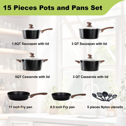 DishDelight 15 Piece Pots and Pans Set Non Stick, Induction Nonstick Kitchen Cookware Sets, Nonstick Induction Cookware with Frying Pans and Saucepan Set, Non-toxic Kitchen Cooking Set, Black - CookCave