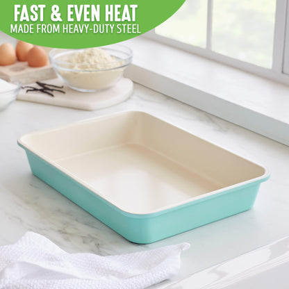 GreenLife Bakeware Healthy Ceramic Nonstick, 13" x 9" Rectangular Cake Baking Pan, PFAS-Free, Turquoise - CookCave