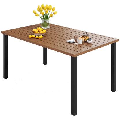 SUNSHINE VALLEY Patio Dining Table Rectangular Outdoor Dining Table with Teak Color Table Top 59.8" x 36.2" x28.7",Steel Frame with Umbrella Hole for Garden Backyard Lawn Yard Furniture. - CookCave