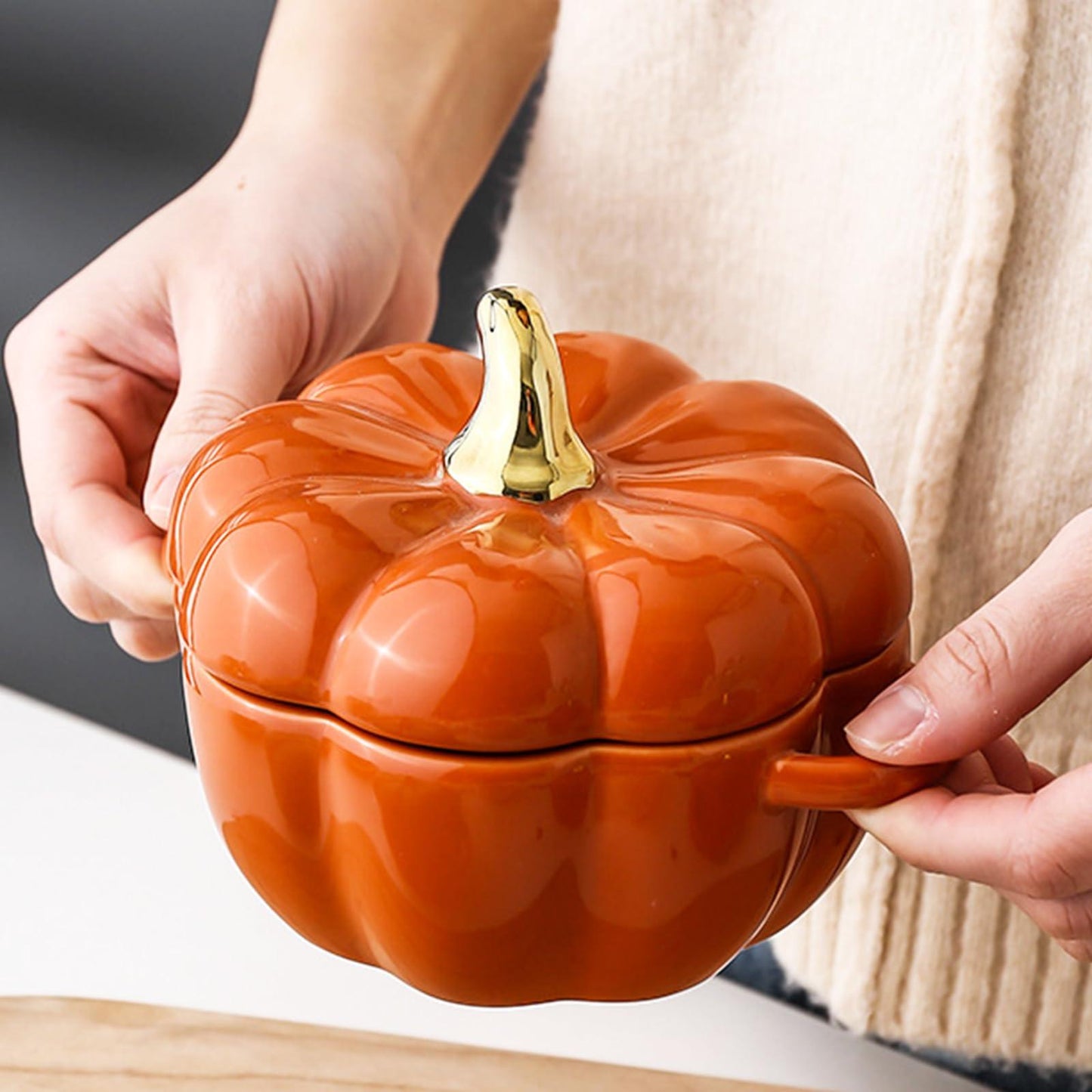 Dutch Oven Pot with Lid, Pumpkin Pottery Dessert Saucepan, Mini Baking Dish Cute Pumpkin Bowl, Covered Dutch Oven Ceramic Stockpot, Pumpkin-Shaped Casserole (Orange) - CookCave