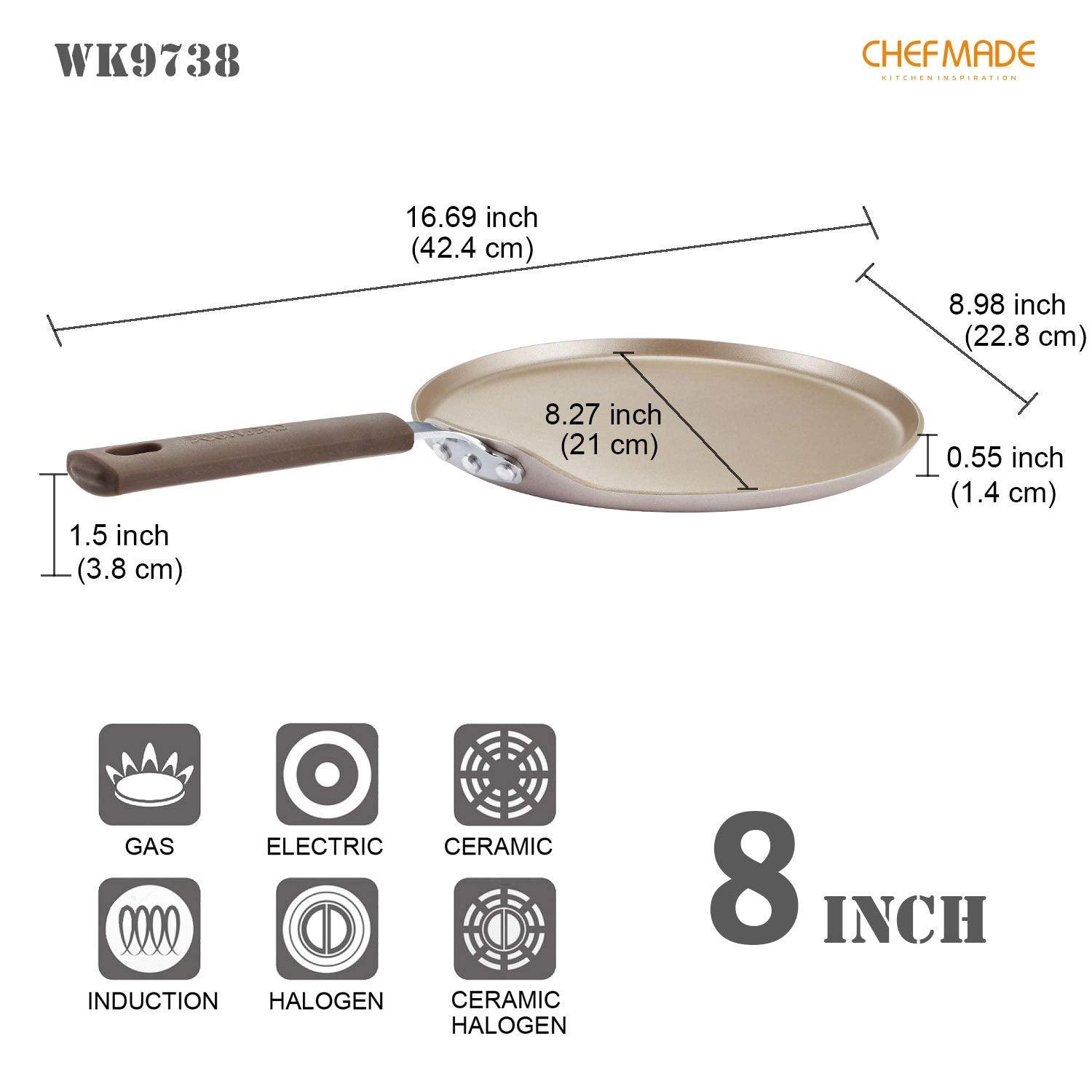 CHEFMADE Crepe Pan with Bamboo Spreader, 8-Inch Non-Stick Pancake Pan with Insulating Silicone Handle for Gas, Induction, Electric Cooker (Champagne Gold) - CookCave