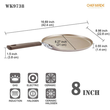 CHEFMADE Crepe Pan with Bamboo Spreader, 8-Inch Non-Stick Pancake Pan with Insulating Silicone Handle for Gas, Induction, Electric Cooker (Champagne Gold) - CookCave