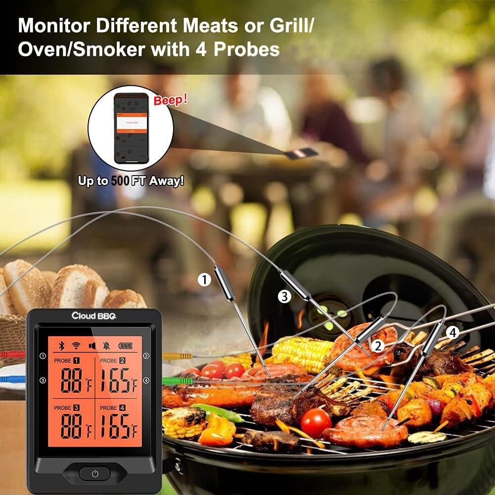 Cloud BBQ 500FT Wireless Meat Thermometer, Smart Rechargeable BBQ Thermometer with Four Probes, Bluetooth Meat Thermometer for Somker, Oven,Grilling, Cooking Turkey Fish Beef (FS-66) - CookCave