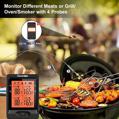 Cloud BBQ 500FT Wireless Meat Thermometer, Smart Rechargeable BBQ Thermometer with Four Probes, Bluetooth Meat Thermometer for Somker, Oven,Grilling, Cooking Turkey Fish Beef (FS-66) - CookCave