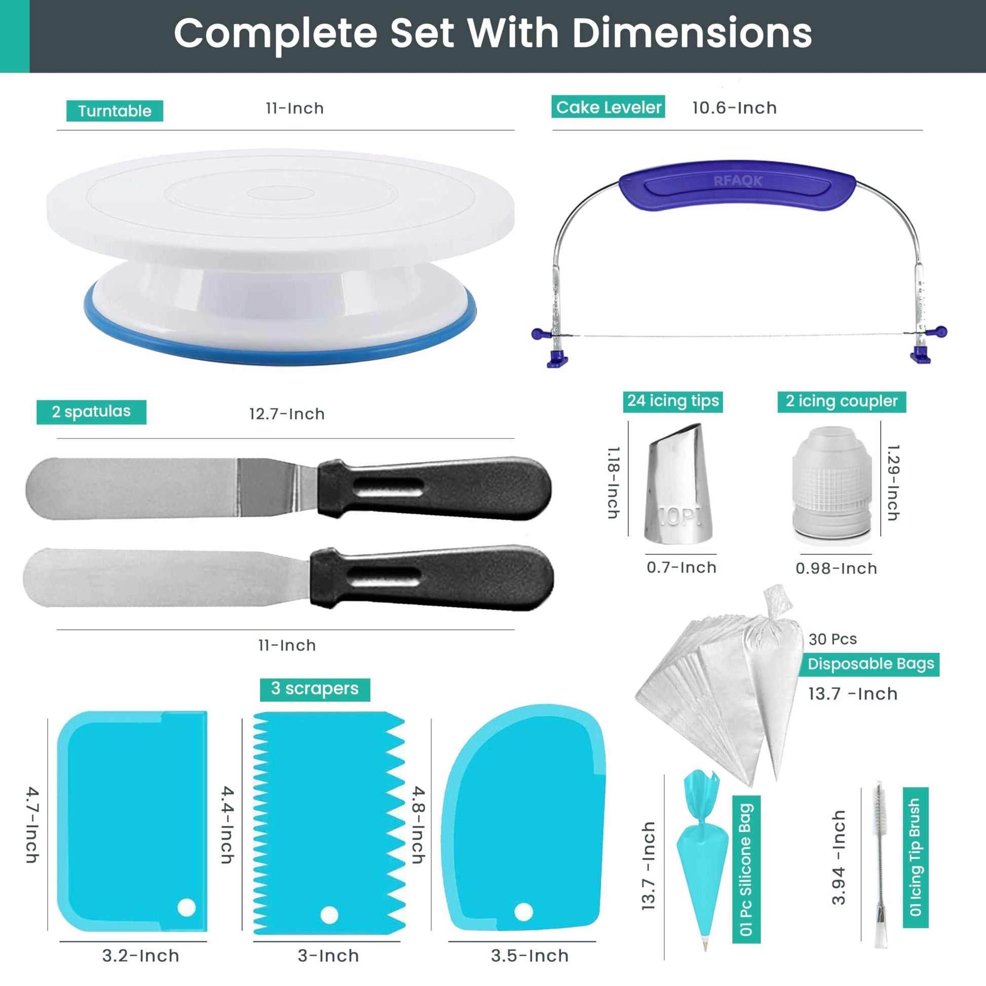 RFAQK 64 PCs Cake Decorating Kit for Beginners Includes Video Course, Booklet + Baking Supplies Gift - Cake Stand, Leveler, 24 Numbered Piping Tips, Straight & Offset Spatula, & Scraper sets - CookCave