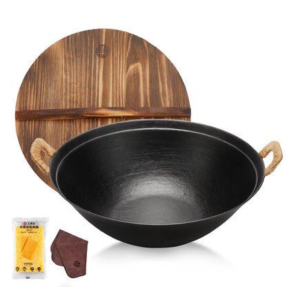 WANGYUANJI Handmade Cast Iron Wok 14.2" Large Woks Stir-Fry Pans with Dual Handle,Suitable for All Cooktops,Uncoated Chinese Traditional wok with Free Dishcloth and Brush - CookCave