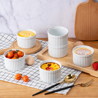 Amrules Ramekins 4 oz, Ramekin Set of 6 for Creme Brulee, White Ceramic Ramekins Bowls with Embossed Strips, Fluted Small bowl Cups Oven Safe for Baking Custard, Pudding, Muffins Cake - CookCave