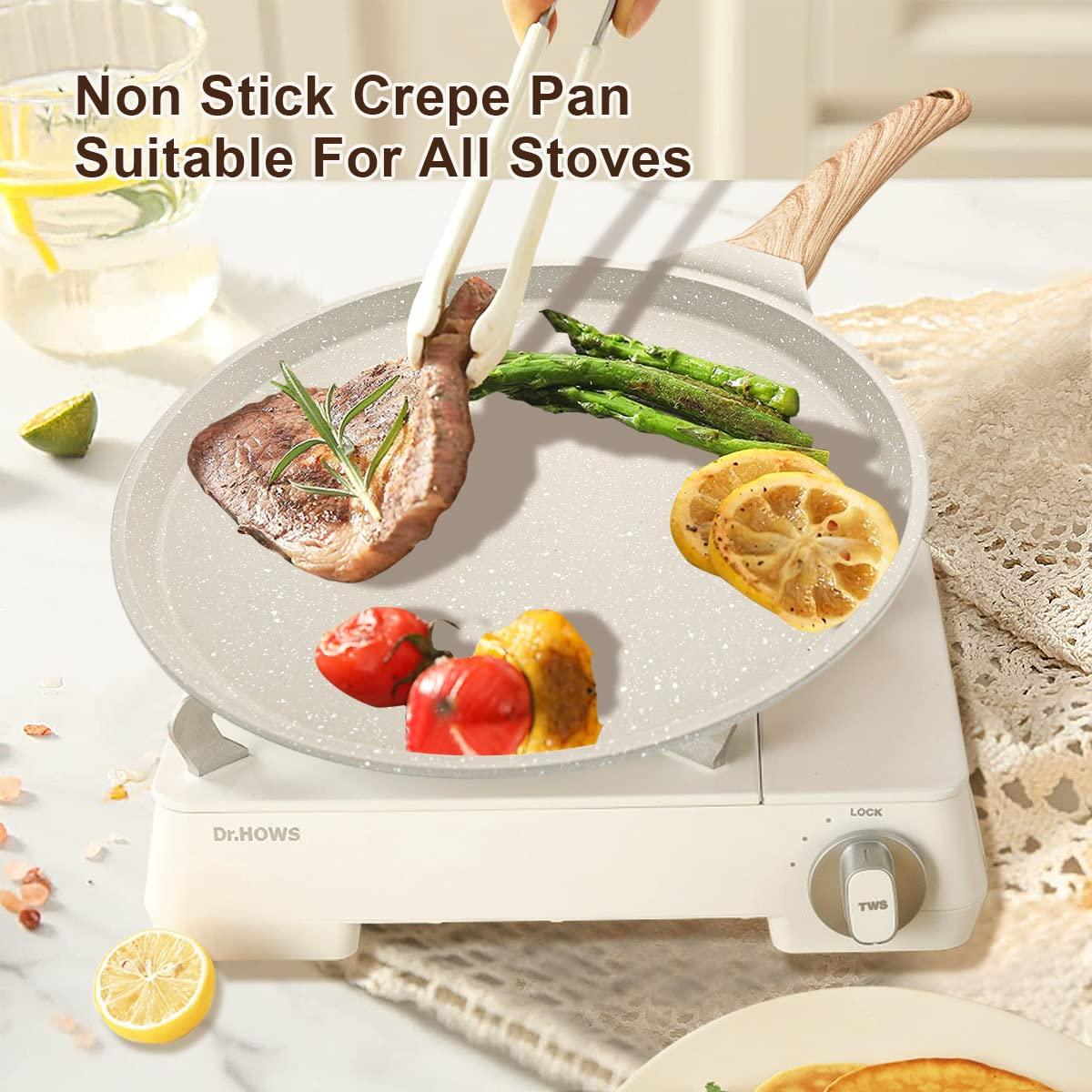 Bobikuke Nonstick Crepe Pan with Spreader, 8 Inch Flat Pan for Roti Indian Griddle Pan Dosa Pan, Tawa Dosa Tortilla Pan Induction Compatible - White - CookCave