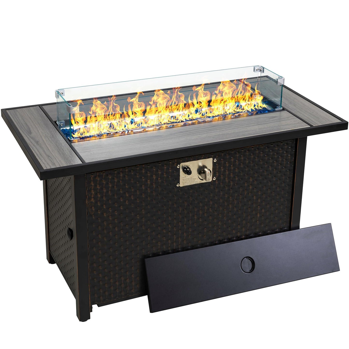 SUNLEI 45" Propane Fire Pit, Outdoor Fire Pit Tables Rectangular Tabletop with Lid and Blue Fire Glass, 50000 BTU Glass Wind Guard and Tables for Outside Patio, Backyard - CookCave