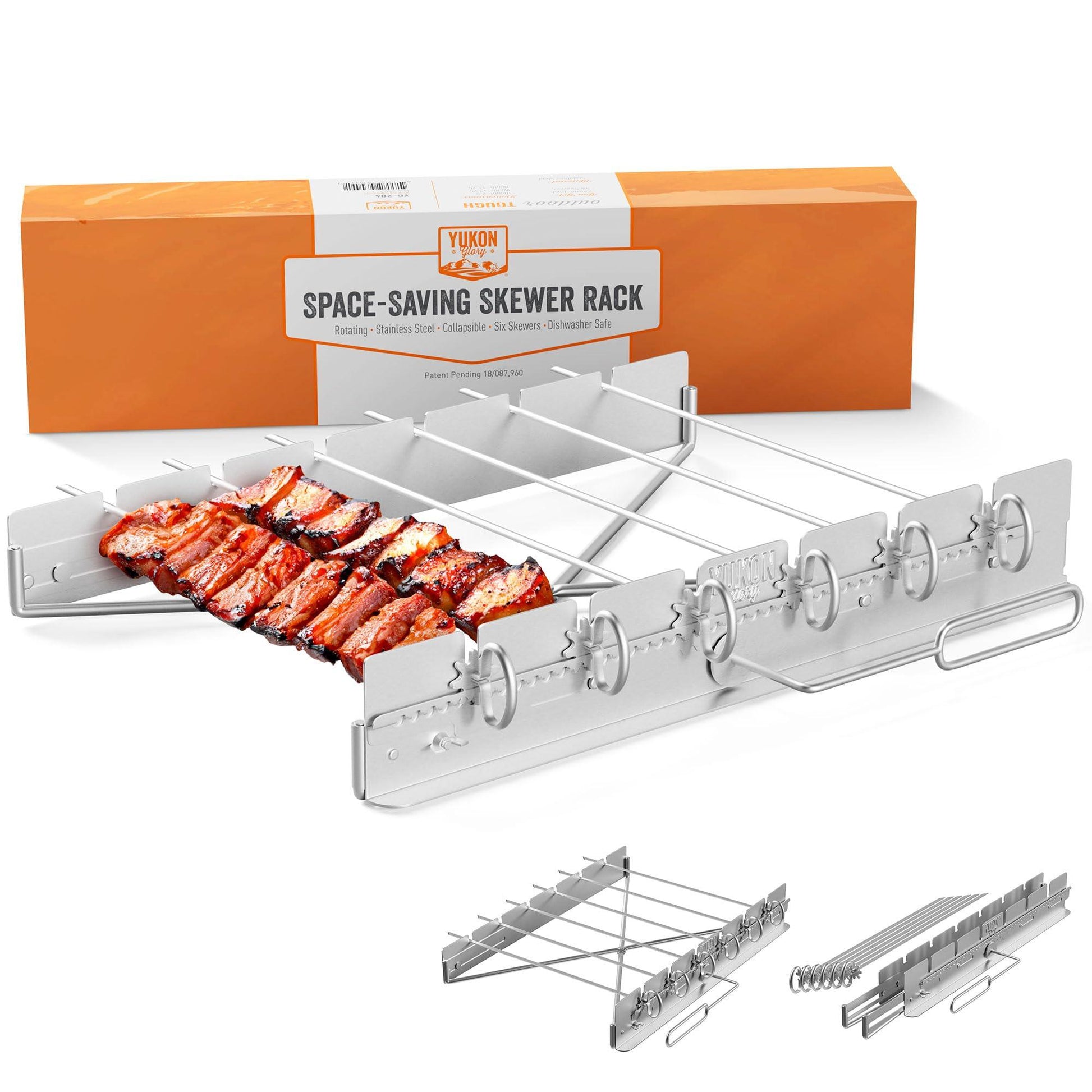 Yukon Glory BBQ Kabob Grill Rack | Rotating Kebab Skewers | Metal Skewers For Grilling | Collapsible Stainless Steel Kabob Skewers Holder | Grilling Accessories | Six Kebab Skewers - CookCave