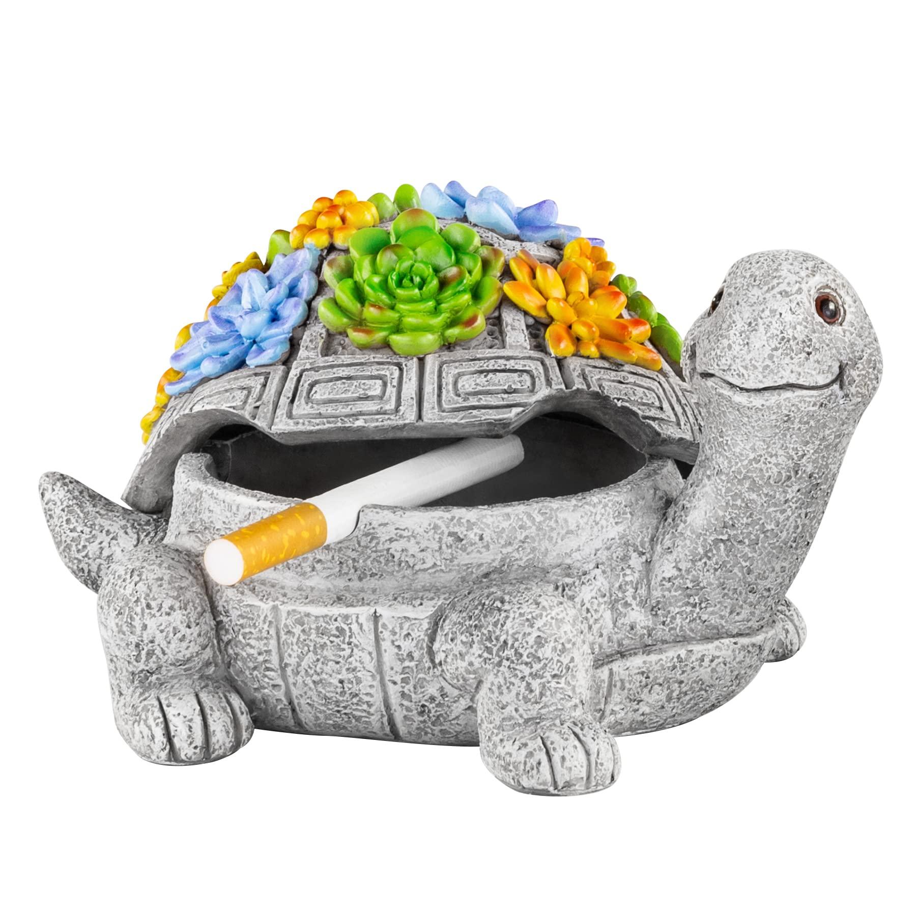 LESES Ashtray, Outdoor Ashtray with Lid Smokeless Waterproof Ash Tray with Cute Turtle Decor, Resin Ashtray for Cigarettes Home Office, Porch Patio Decorations Outdoor Indoor Ashtray - CookCave
