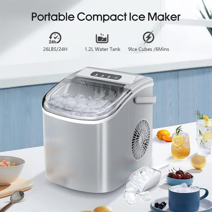 AGLUCKY Ice Makers Countertop,Portable Ice Maker Machine with Handle,Self-Cleaning Ice Maker, 26Lbs/24H, 9 Ice Cubes Ready in 8 Mins, for Home/Office/Kitchen(Grey) - CookCave