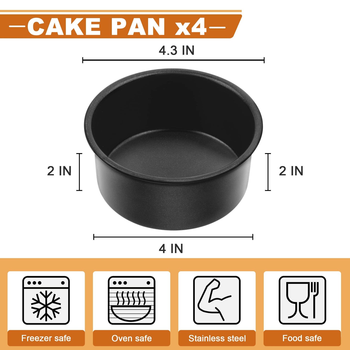E-far 4 Inch Cake Pan, 4-Piece Nonstick Round Cake Baking Pans for Wedding, Birthday, Layer Cake, Stainless Steel Core & Non-Toxic Coating, 2 Inch Deep - CookCave