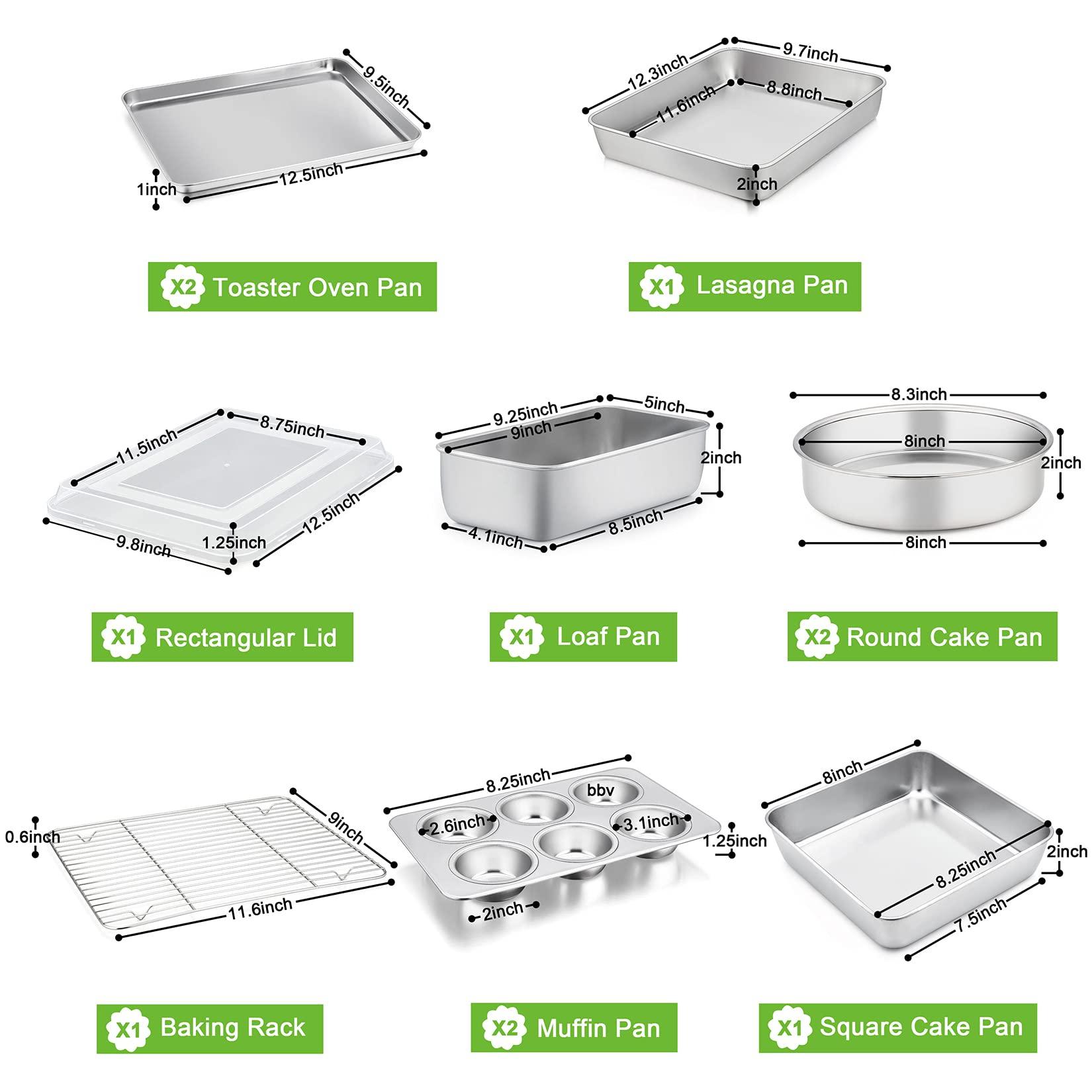 P&P CHEF Bakeware Sets of 11, Stainless Steel Baking Pans Set, Includes Baking Sheets and Rack, Lasagna Pan with Lid, Round/Square Cake Pan, Muffin Pans, Loaf Pan, Reusable & Durable - CookCave