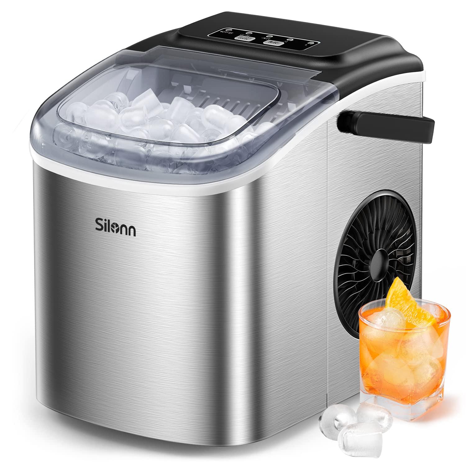 Silonn Countertop Ice Maker, 9 Cubes Ready in 6 Mins, 26lbs in 24Hrs, Self-Cleaning Ice Machine with Ice Scoop and Basket, 2 Sizes of Bullet Ice, Stainless Steel - CookCave