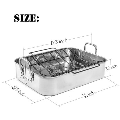 Kaiihome Roasting Pan with Nonstick Rack - 16 inch Stainless Steel Rectangular Turkey Pan with Non-stick U-Shaped Rack, Turkey Roaster Pan for Thanksgiving Party - CookCave