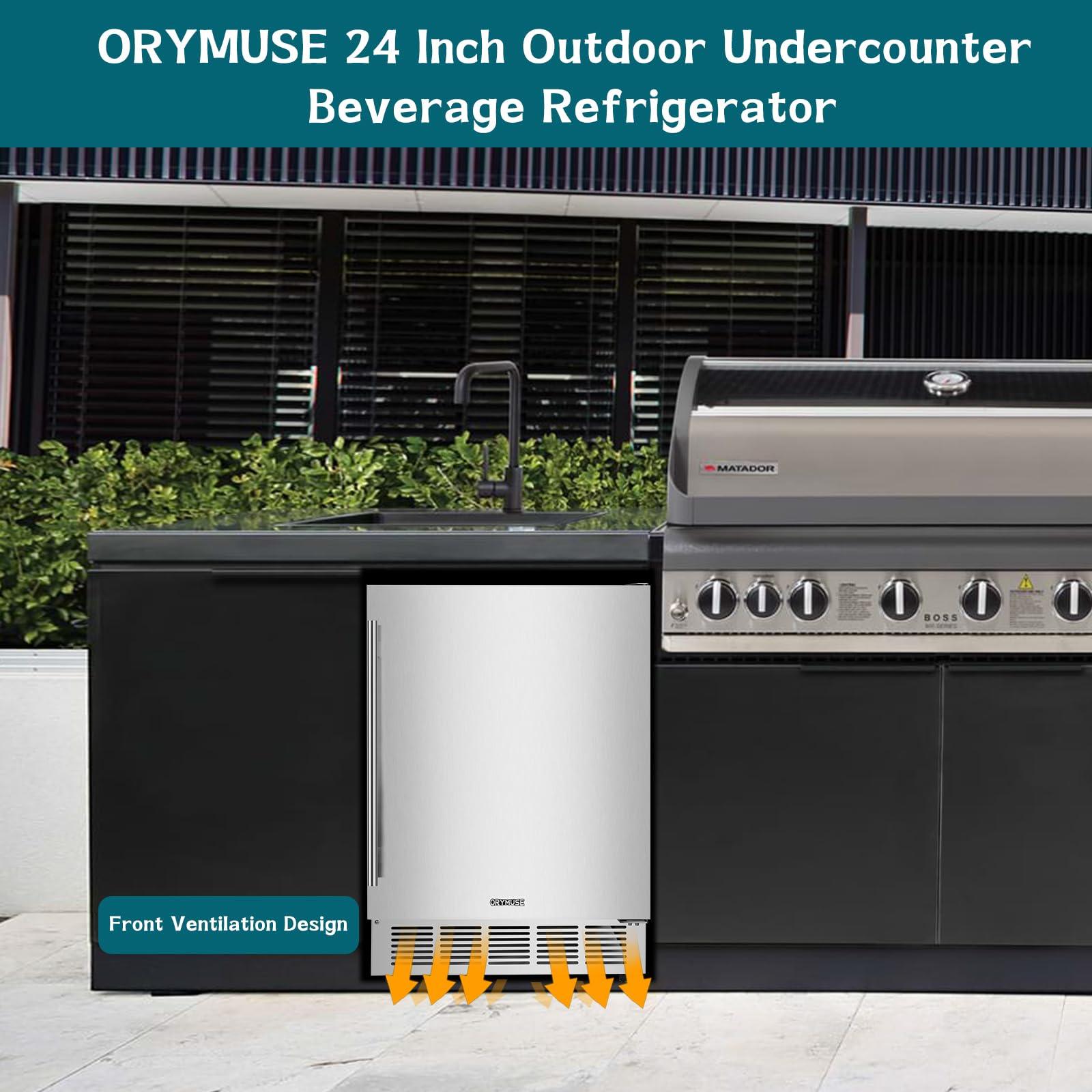 ORYMUSE Outdoor Refrigerator, 24 Inch Undercounter Outdoor Beverage Cooler Fridge with Stainless Steel Seamless Door Can Hold 180 Cans w/Powerful Cooling Compressor for Patio Kitchen and Commercial - CookCave