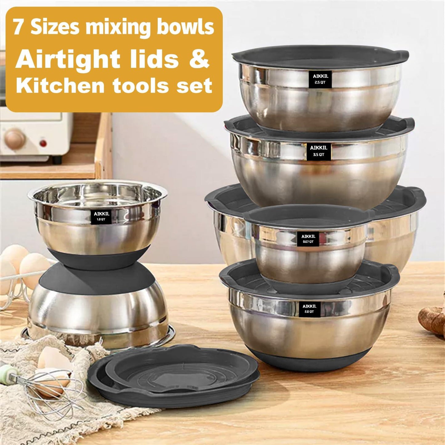 AIKKIL Mixing Bowls with Airtight Lids, 20 piece Stainless Steel Metal Nesting Bowls, Non-Slip Silicone Bottom, Size 7, 3.5, 2.5, 2.0,1.5, 1,0.67QT Great for Mixing, Baking, Serving (Grey) - CookCave