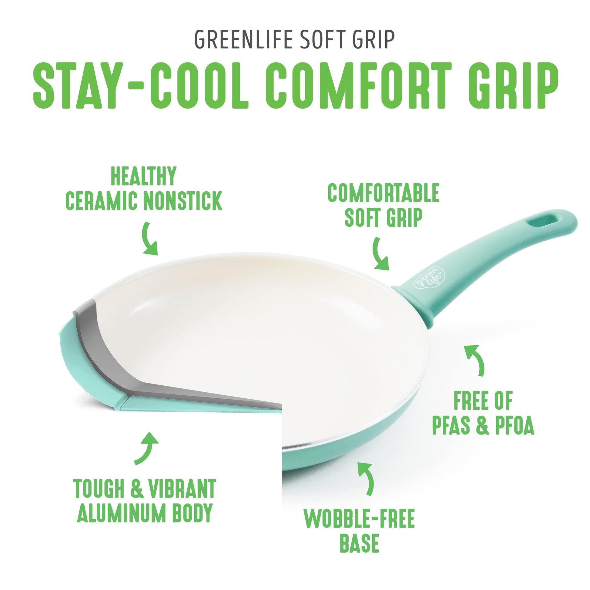 GreenLife Soft Grip Healthy Ceramic Nonstick 7" and 10" Frying Egg Omeltte Pan Skillet Set, PFAS-Free, Dishwasher Safe, Turquoise - CookCave