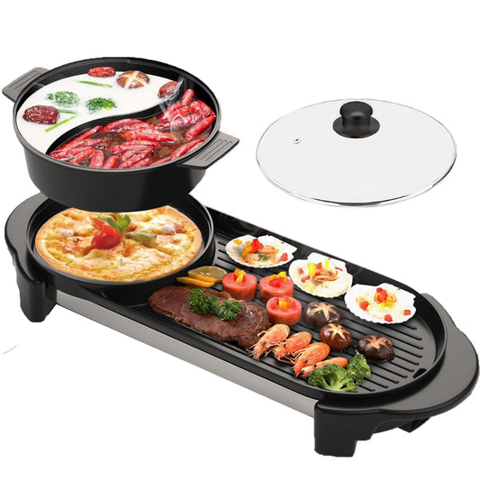 Hot Pot with Grill, Electric Hot Pot 2 in 1 Shabu Shabu Hot Pot Korean BBQ Grill, Removable Hotpot Pot 1200W / Large Capacity Baking Tray, Separate Temperature Control, Electric Grill for 2-12 People - CookCave