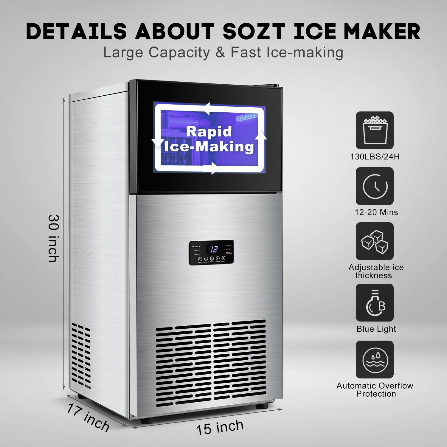 Commercial Ice Maker Machine 130LBS/24H with 35LBS Storage Bin, Stainless Steel Undercounter/Freestanding Ice Cube Maker for Home Bar Outdoor, Automatic Operation, Include Scoop, Connection Hose - CookCave