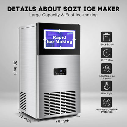 Commercial Ice Maker Machine 130LBS/24H with 35LBS Storage Bin, Stainless Steel Undercounter/Freestanding Ice Cube Maker for Home Bar Outdoor, Automatic Operation, Include Scoop, Connection Hose - CookCave