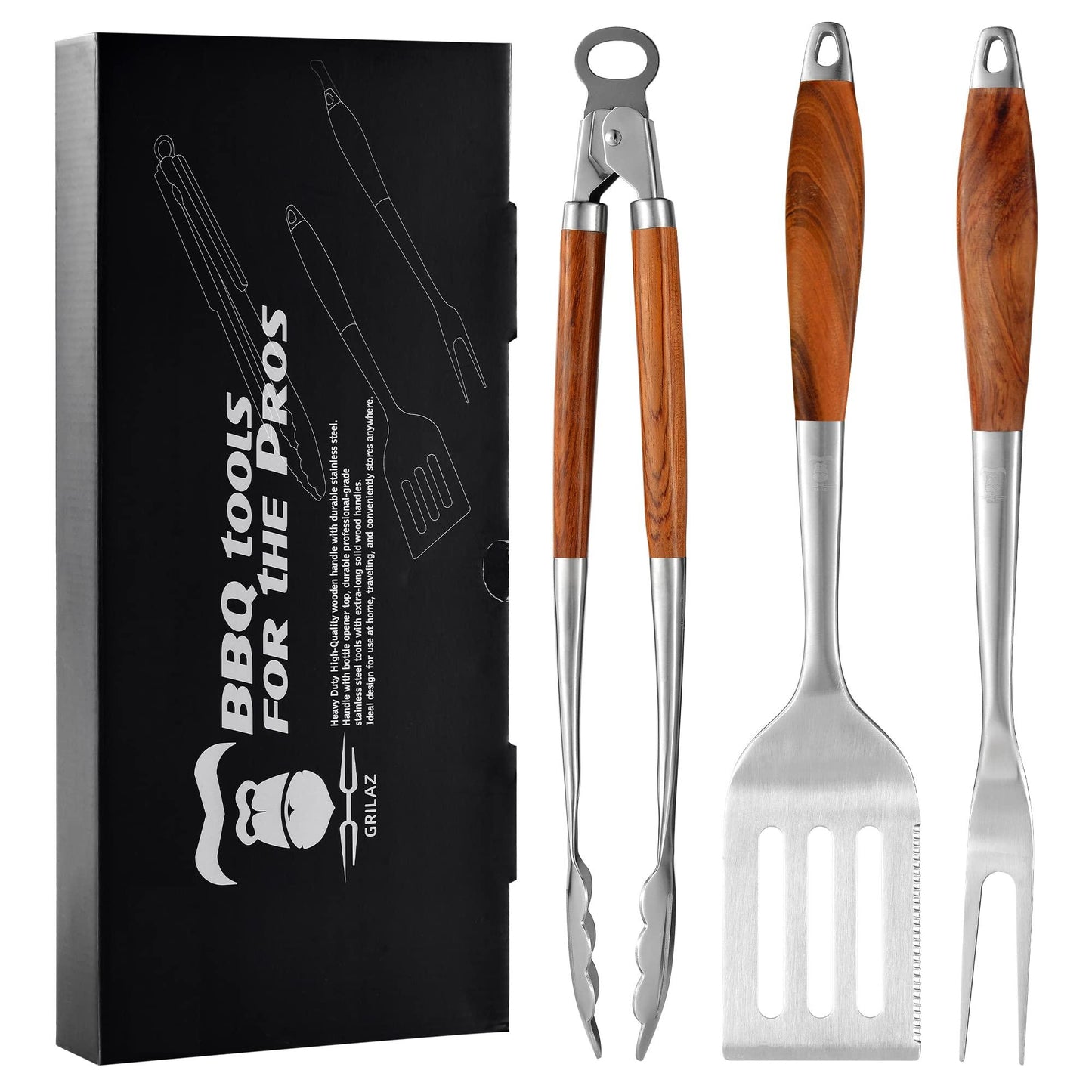 GRILAZ Heavy-Duty Rose Wooden BBQ Grilling Tools Set. Extra Thick Stainless Steel Multi-Function Spatula, Fork & Tongs | Essential Accessories for Barbecue & Grill. Ideal Gift for Father - CookCave