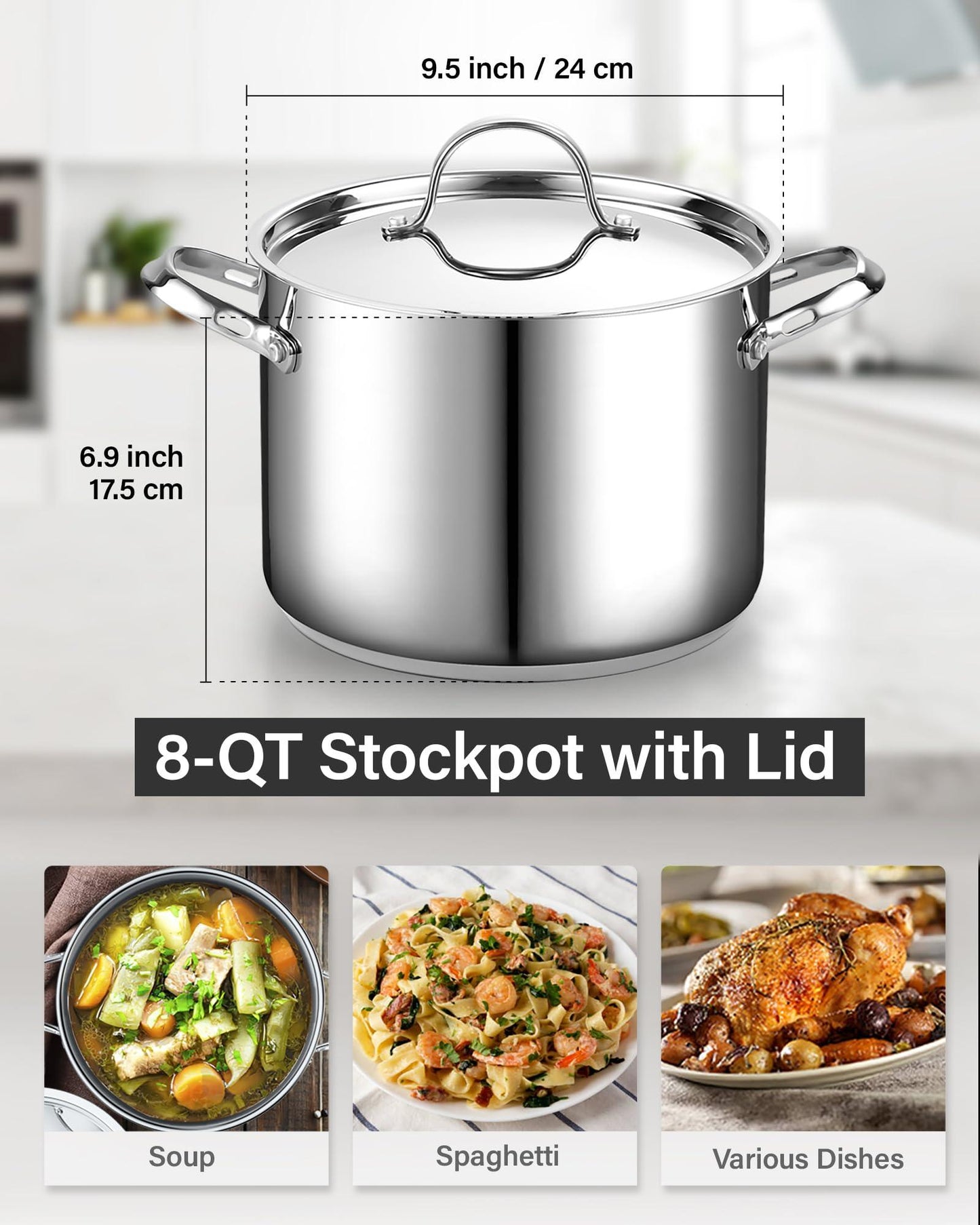 Cooks Standard 18/10 Stainless Steel Stockpot 8-Quart, Classic Deep Cooking Pot Canning Cookware with Stainless Steel Lid, Silver - CookCave