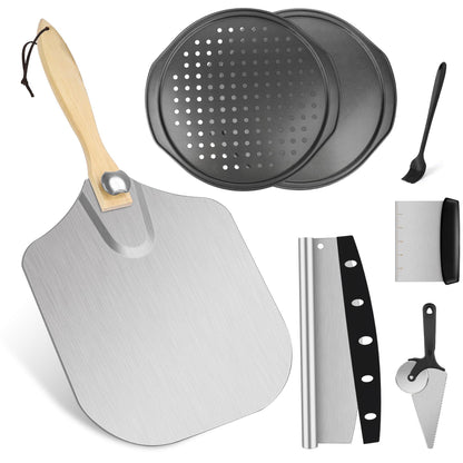 Pizza Peel Pizza Pan Set, 12" x 14" Pizza Spatula for Oven, Aluminum Pizza Paddle with Rocker Cutter Scraper Pie Server Oil Brush, Pizza Oven Accessories Tools, Baking Pizza, Dough, Bread & Pastry - CookCave
