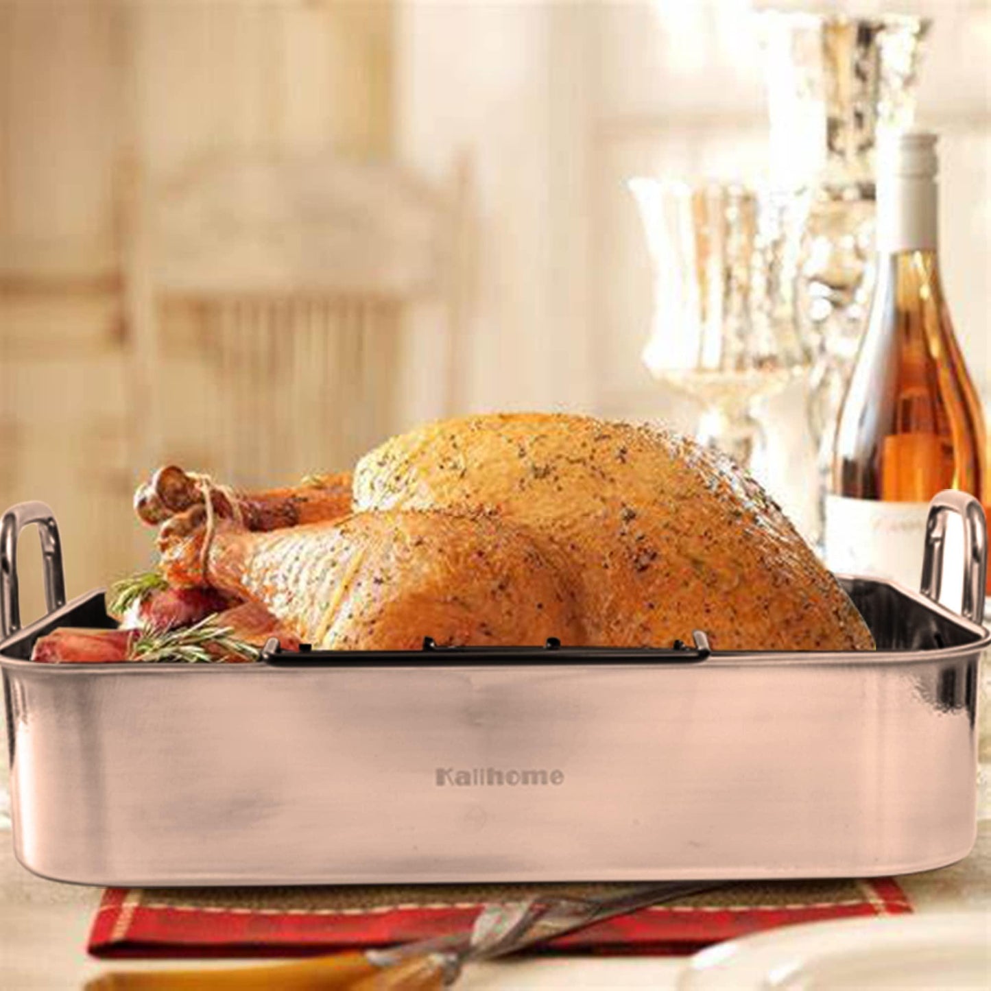 Kaiihome Roasting Pan with Nonstick Rack - 16 inch Stainless Steel Rectangular Turkey Pan with Non-stick U-Shaped Rack, Turkey Roaster Pan for Thanksgiving Party - CookCave