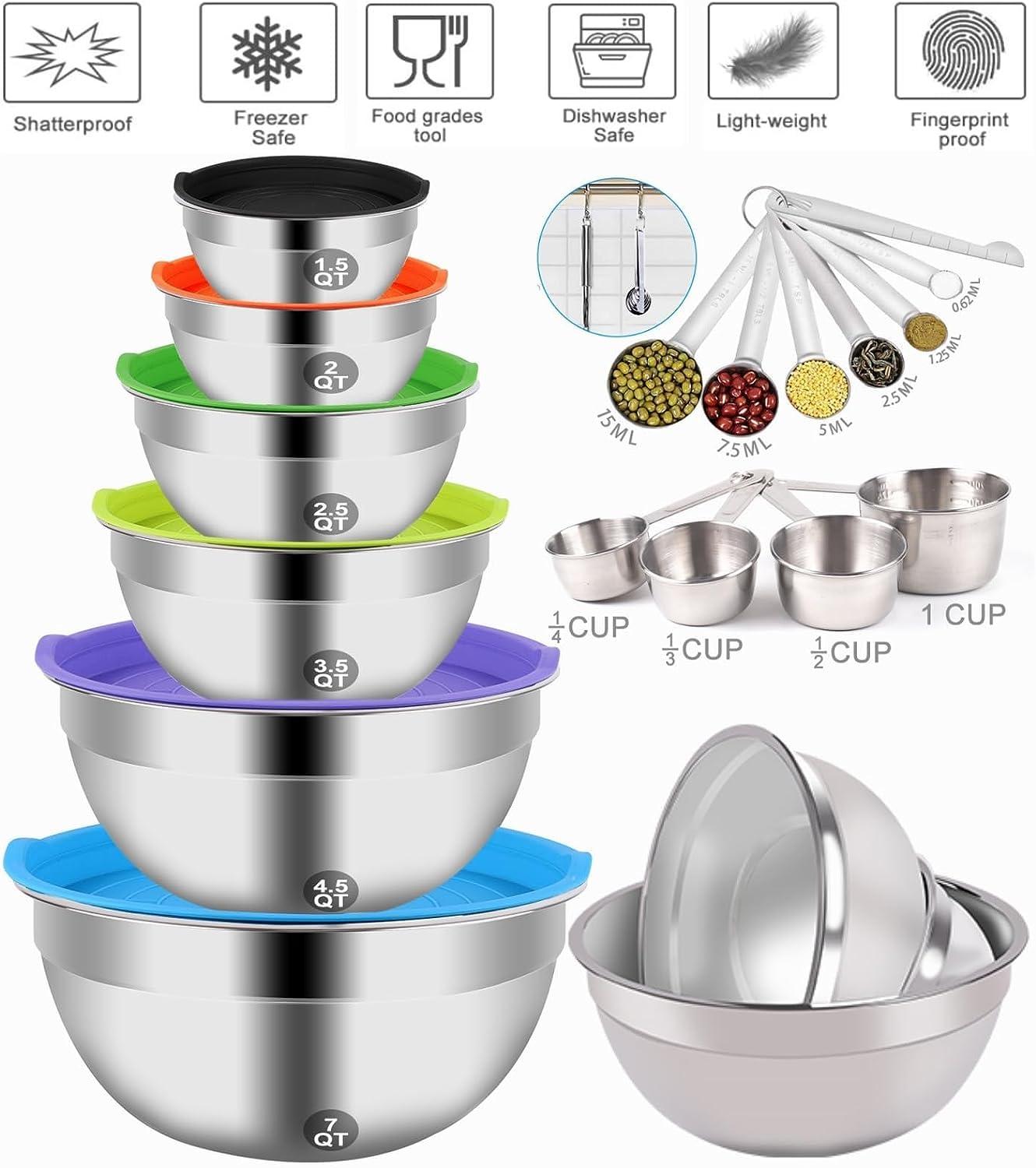 Mixing Bowls with Lid Set, 23PCS Kitchen Utensils Metal Bowl Stainless Steel Nesting Bowls, Measuring Cups and Spoons, Egg Whisk for Baking Prepping Cooking Serving Supplies - CookCave