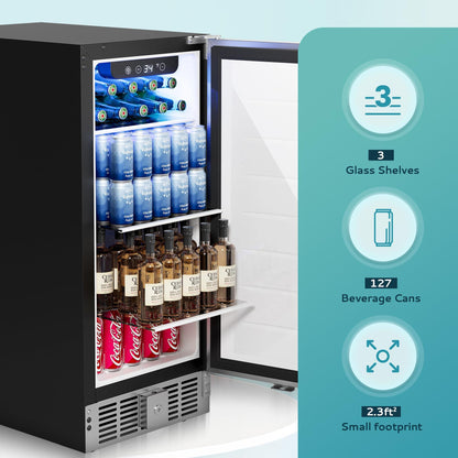 EUHOMY Beverage Refrigerator 15 Inch, Under Counter 127 Can Beverage Fridge with Stainless Steel Door, Beverage Cooler Built-in and Freestanding Beer Fridge, Outdoor Drink Fridge - Soda Cola. - CookCave