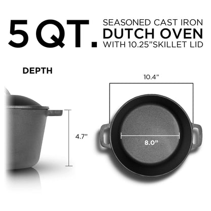 COMMERCIAL CHEF 5 Quart Cast Iron Dutch Oven with Dome Lid & Handles, Preseasoned - CookCave