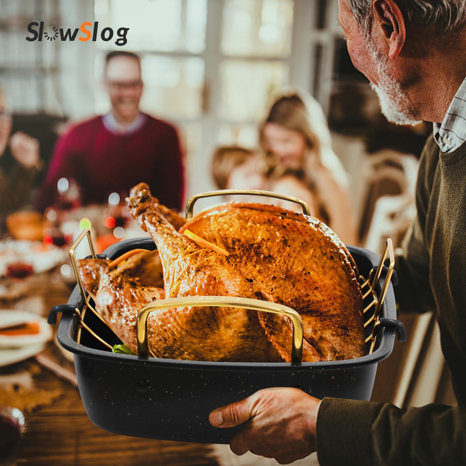 Slow Slog Roasting Pan, 17 Inch x 13 Inch Roaster with Removable Rack, Nonstick Roaster Pan for Roasting Turkey, Meat & Vegetables (Gold) - CookCave