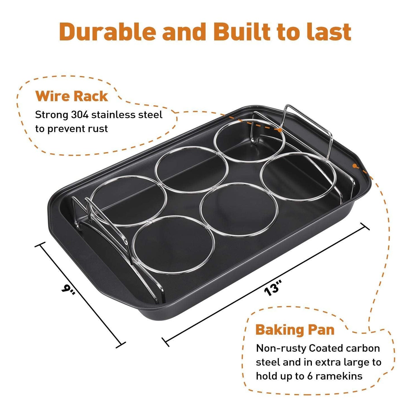 Creme Brulee Making Set - 6 Porcelain Ramekins 6 oz, 304 Stainless Steel Lifting Rack, 9" X 13" Bottom Pan - CookCave