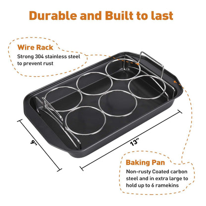 Creme Brulee Making Set - 6 Porcelain Ramekins 6 oz, 304 Stainless Steel Lifting Rack, 9" X 13" Bottom Pan - CookCave